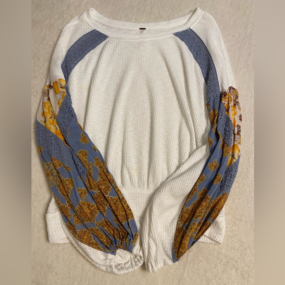 Free People White and Blue Floral Sleeve Sweatshirt